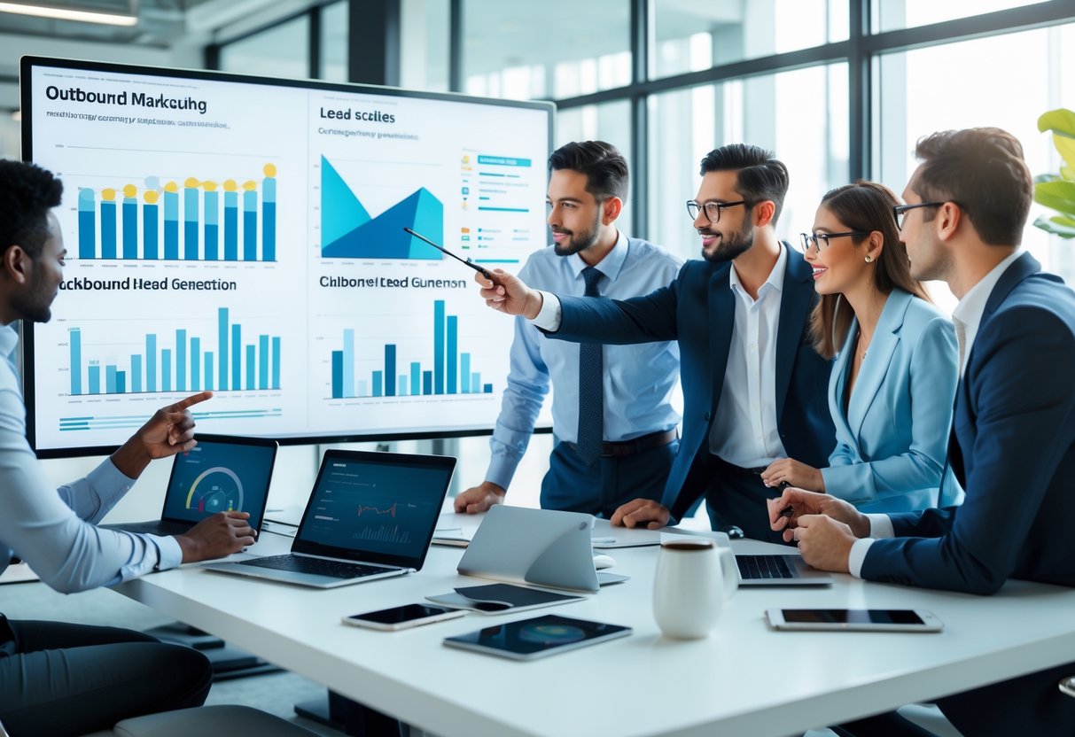 A group of business professionals in an office analyzing charts and data on a large digital screen during a meeting.