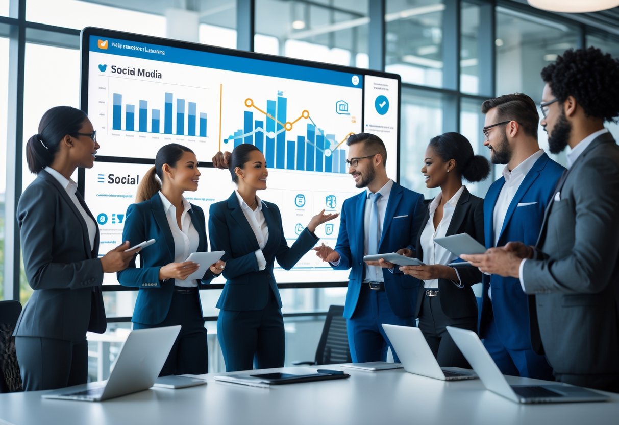 A diverse group of business professionals collaborating around a digital screen displaying graphs in a modern office.
