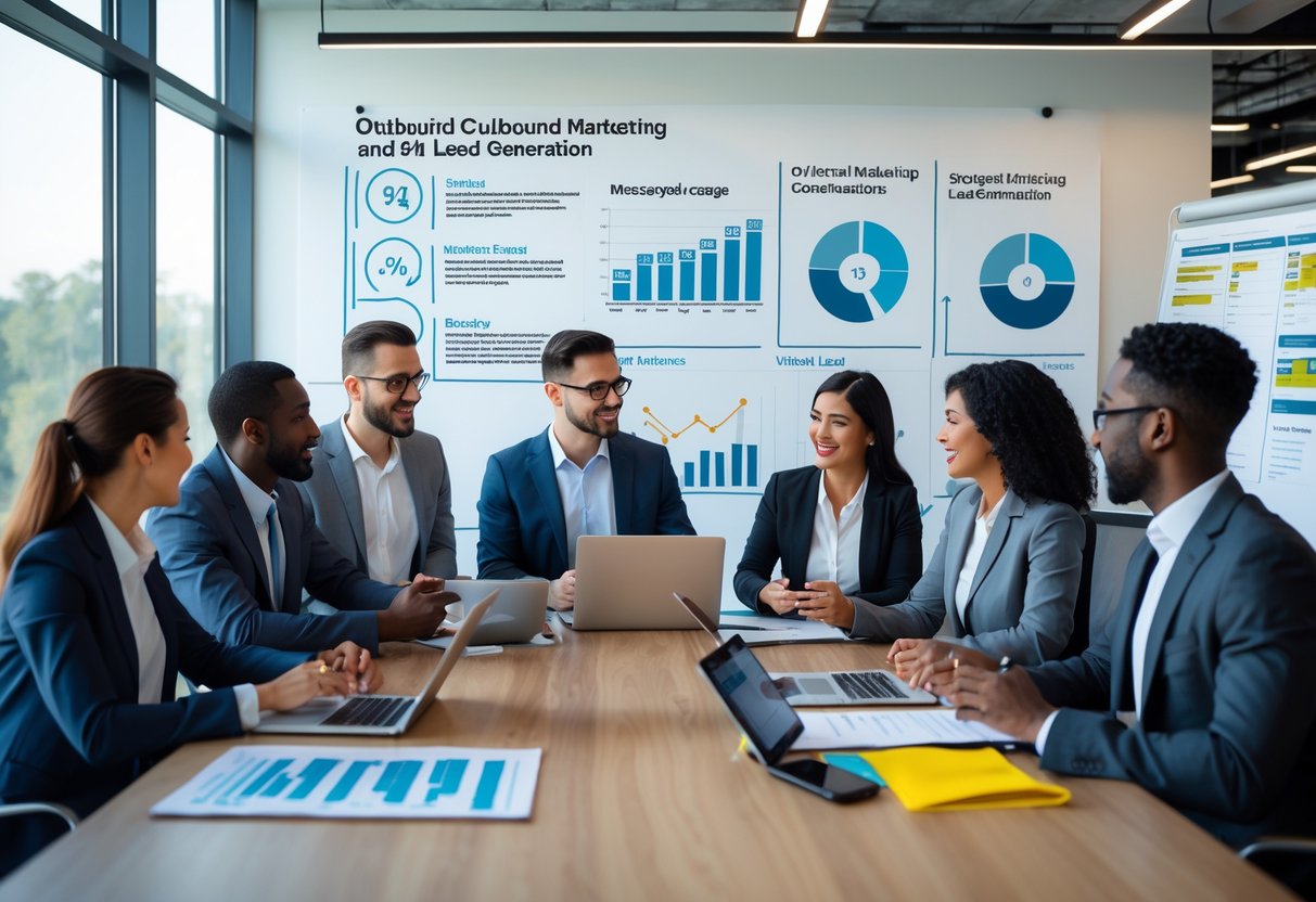A group of business professionals collaborating around a conference table with laptops and charts in a modern office.