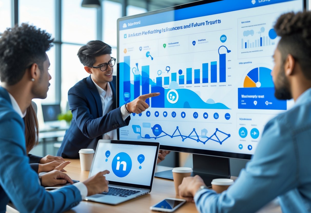A group of professionals collaborating around a digital touchscreen displaying social media and marketing data in a modern office.