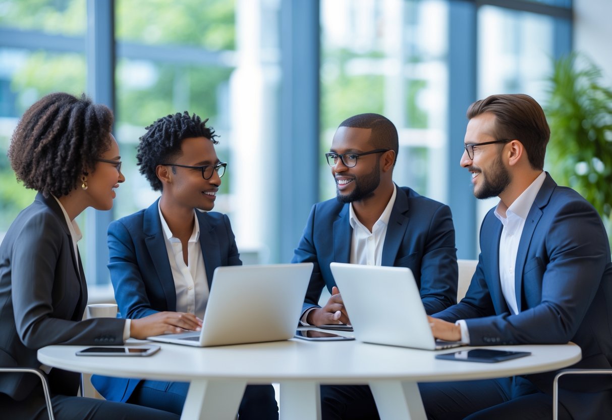 Four business professionals collaborating around a table with laptops and smartphones in a modern office.