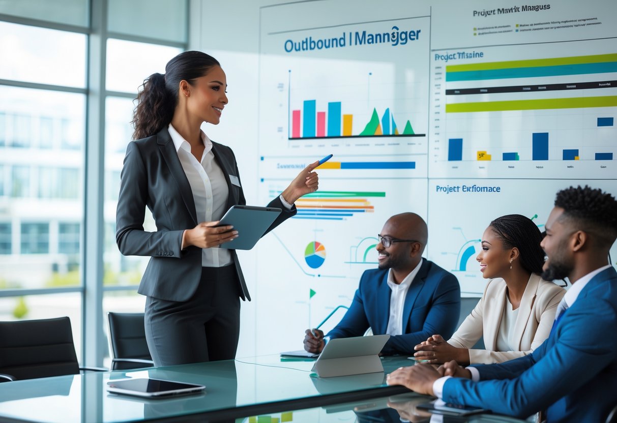 A businesswoman in a modern office points at charts on a glass wall while discussing with colleagues around a conference table.