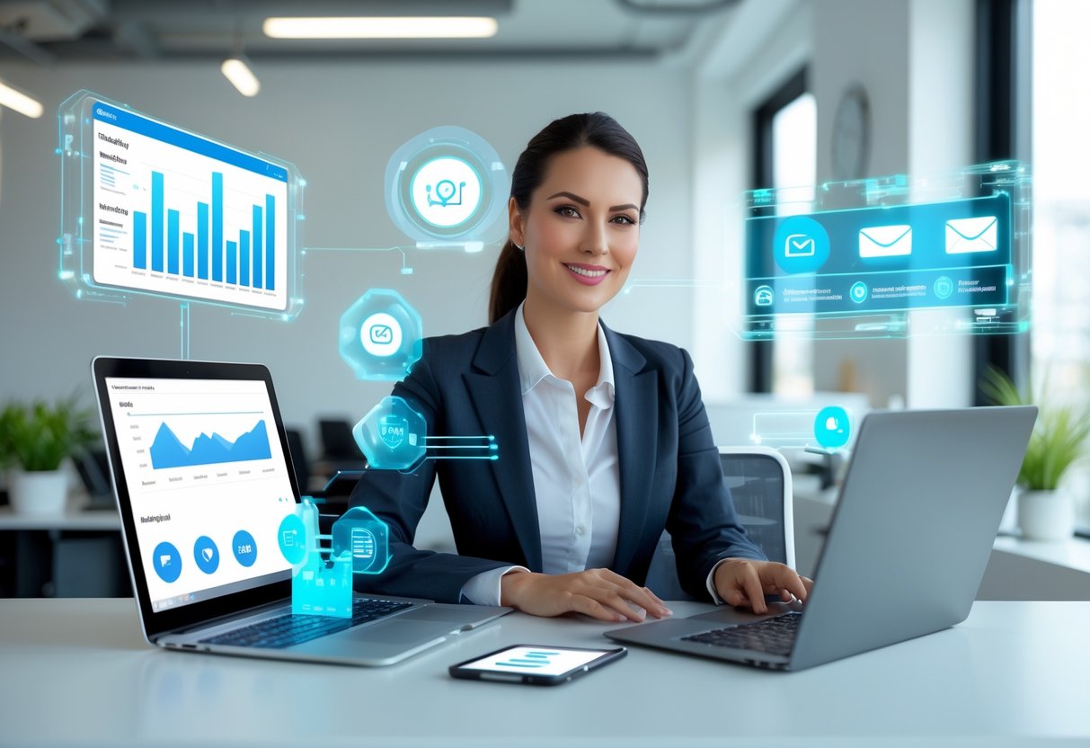 A businesswoman working at a desk with multiple digital devices and holographic marketing data in a modern office.