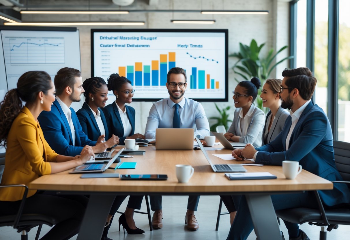 A group of business professionals collaborating around a conference table with a digital screen showing charts in a modern office.