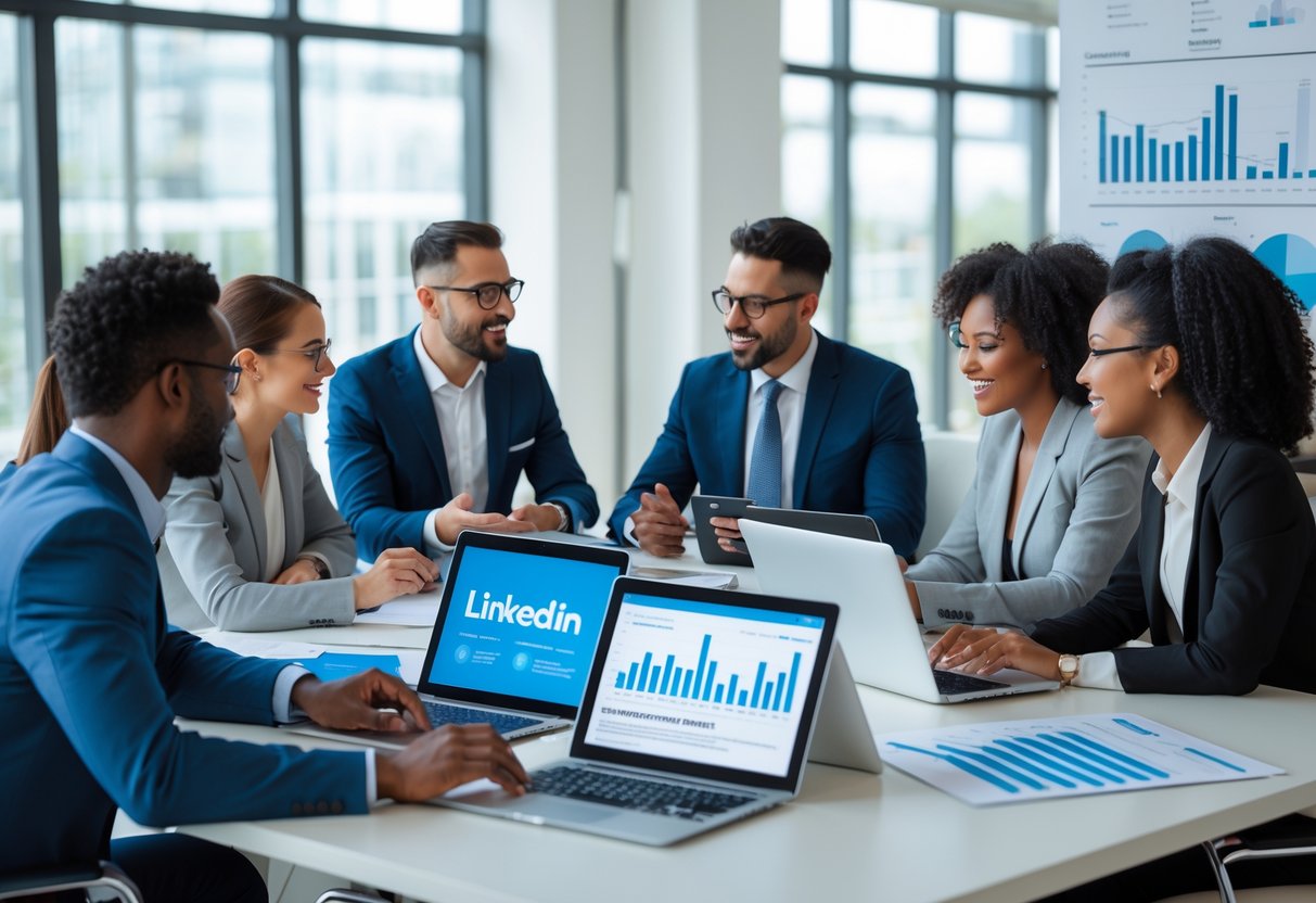 A group of business professionals collaborating around a conference table with laptops and tablets in a modern office.