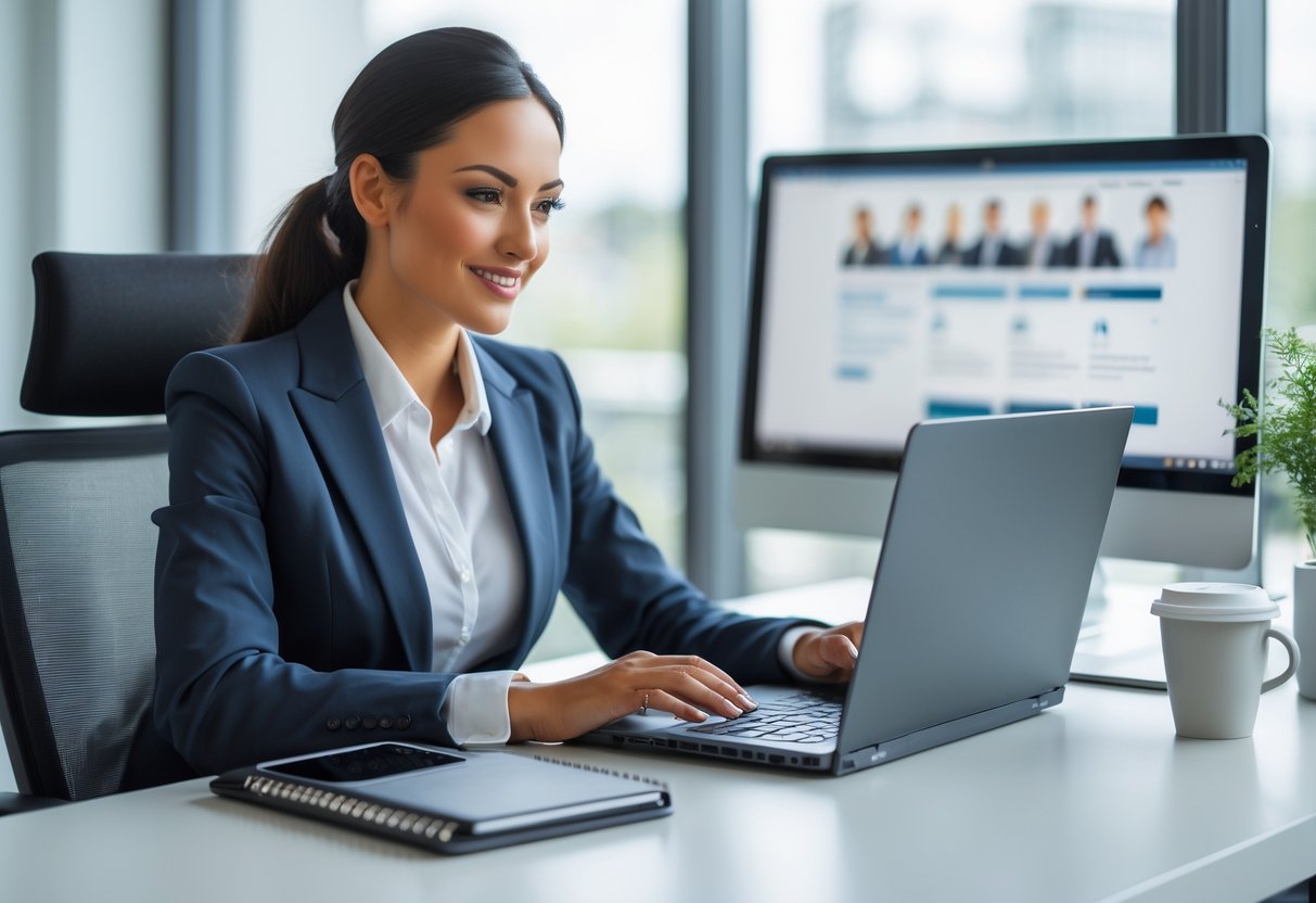 A businesswoman in smart attire working on a laptop at a desk in a bright office.