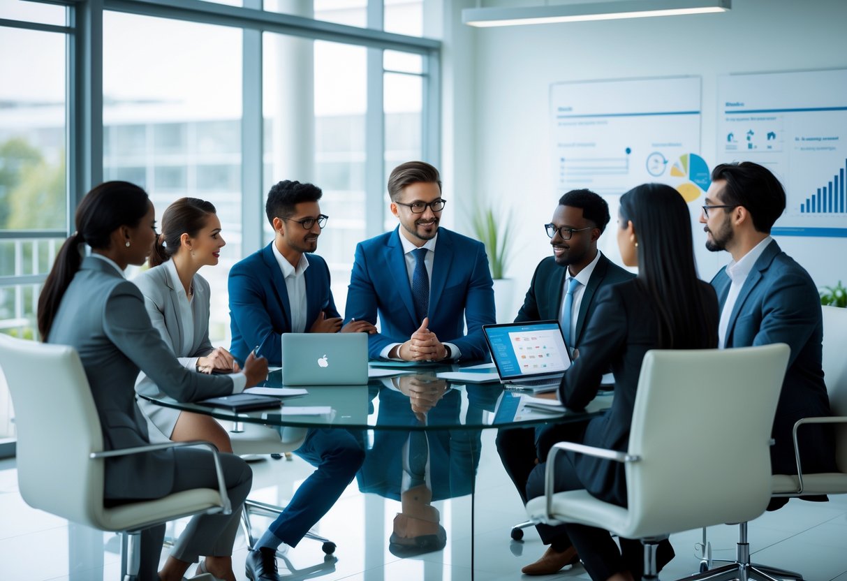 A group of business consultants in a modern office having a collaborative meeting around a glass table with laptops and notebooks.