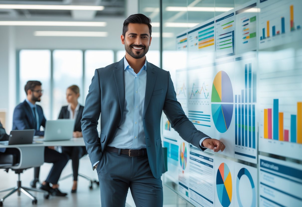 A business professional standing by a glass board with charts and graphs, while colleagues collaborate in a modern office.