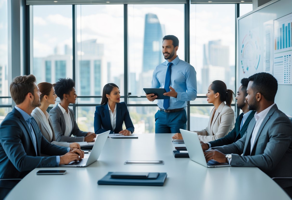 A group of business professionals in a meeting room, with one person presenting to others around a conference table.