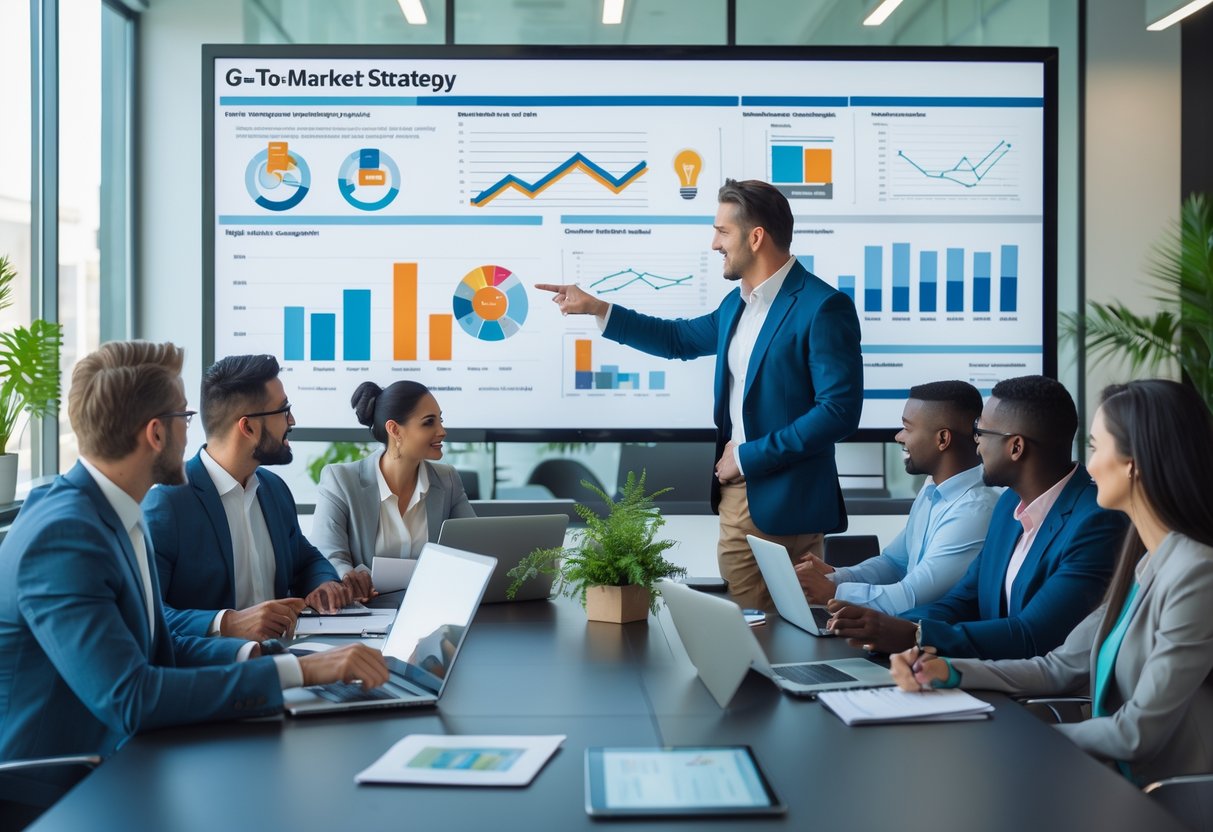 A group of business professionals collaborating in a modern office around a conference table with a digital screen showing charts and graphs.