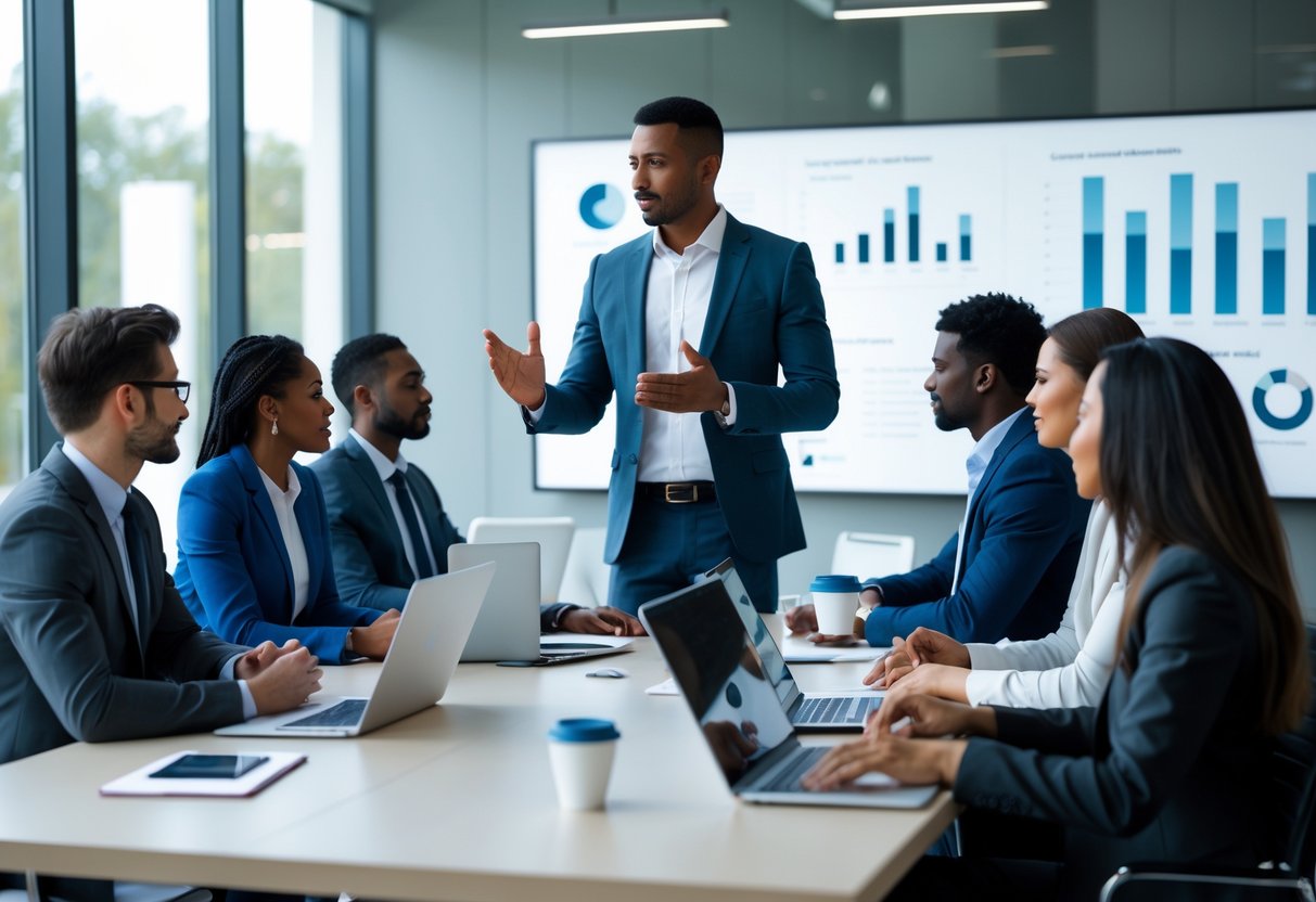 A group of business professionals discussing strategy around a conference table in a modern office.