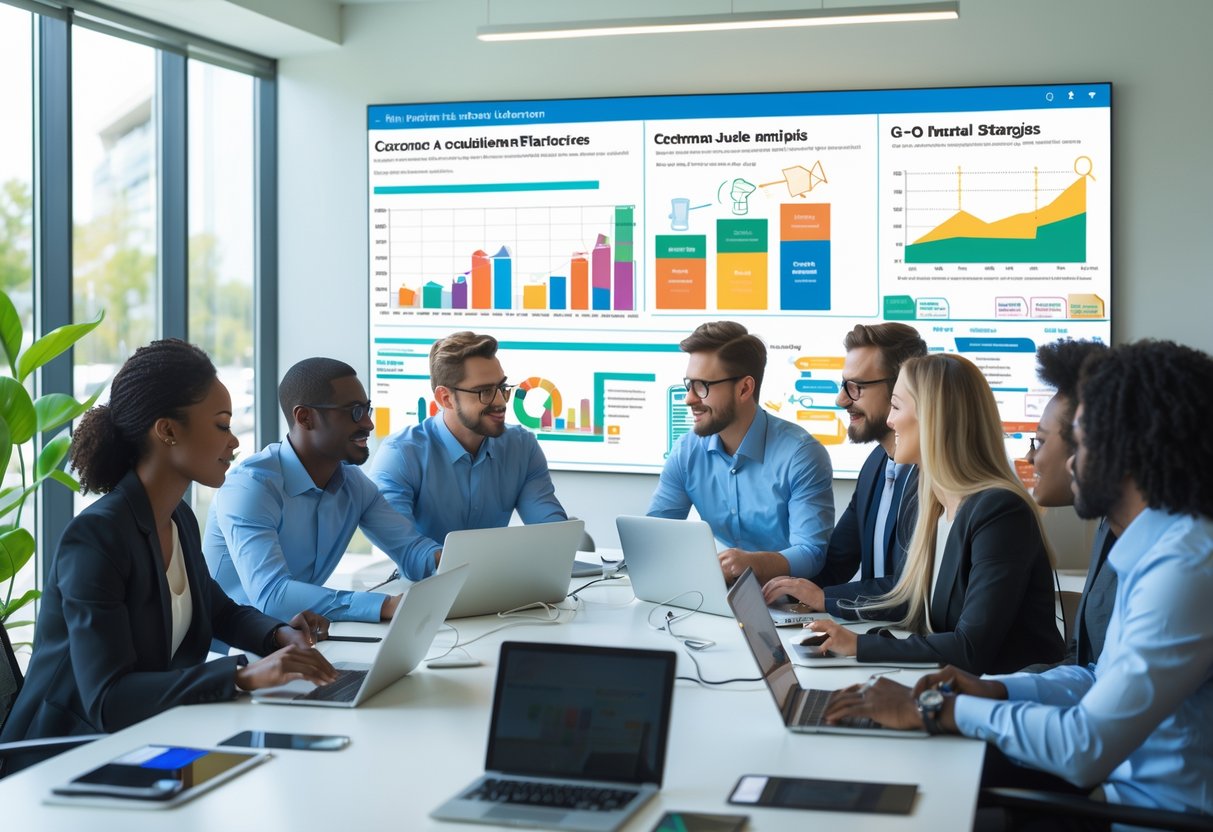 A group of professionals collaborating around a table with charts and laptops, discussing market entry and customer acquisition strategies in a modern office.