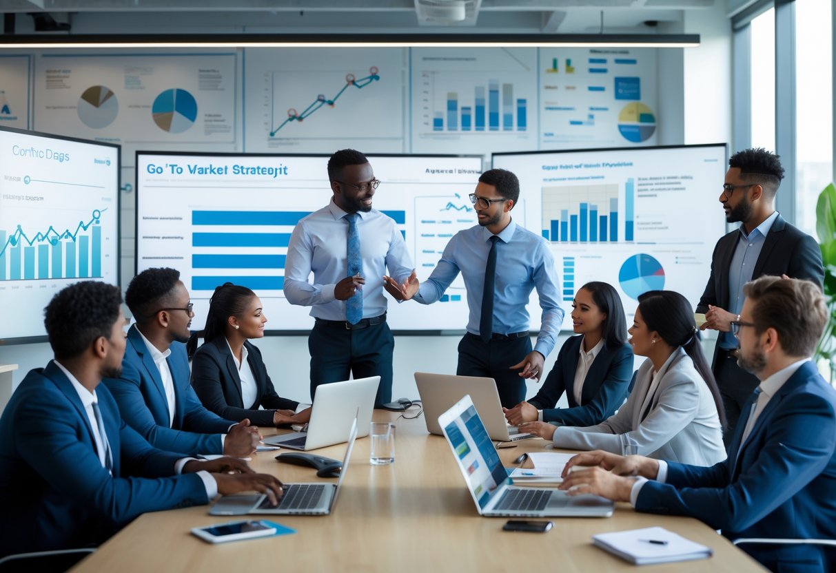 A team of business professionals collaborating around a conference table, analyzing data and discussing a go-to-market plan in a modern office.