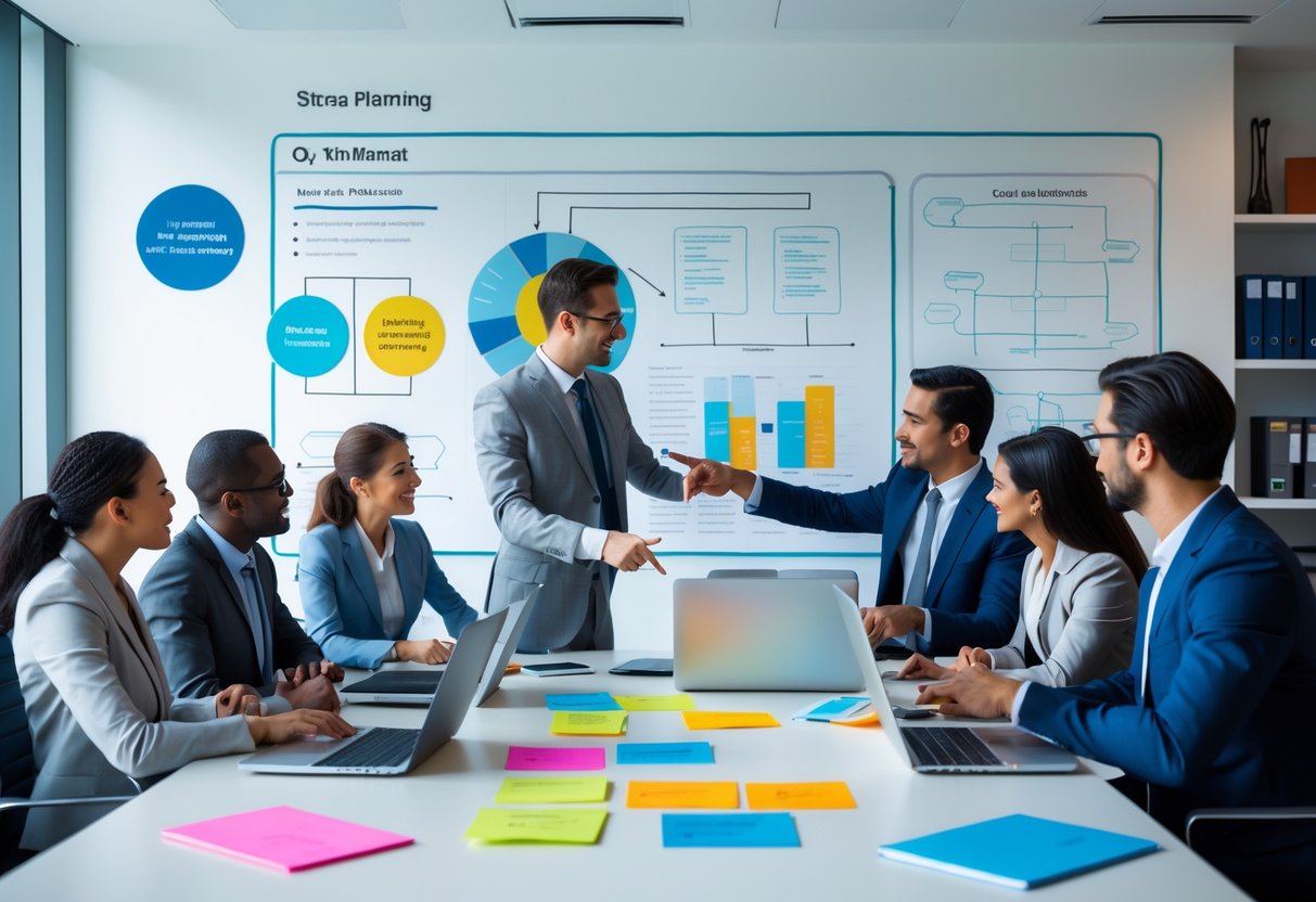 A group of business professionals collaborating around a table with laptops and charts, discussing strategies in a modern office.