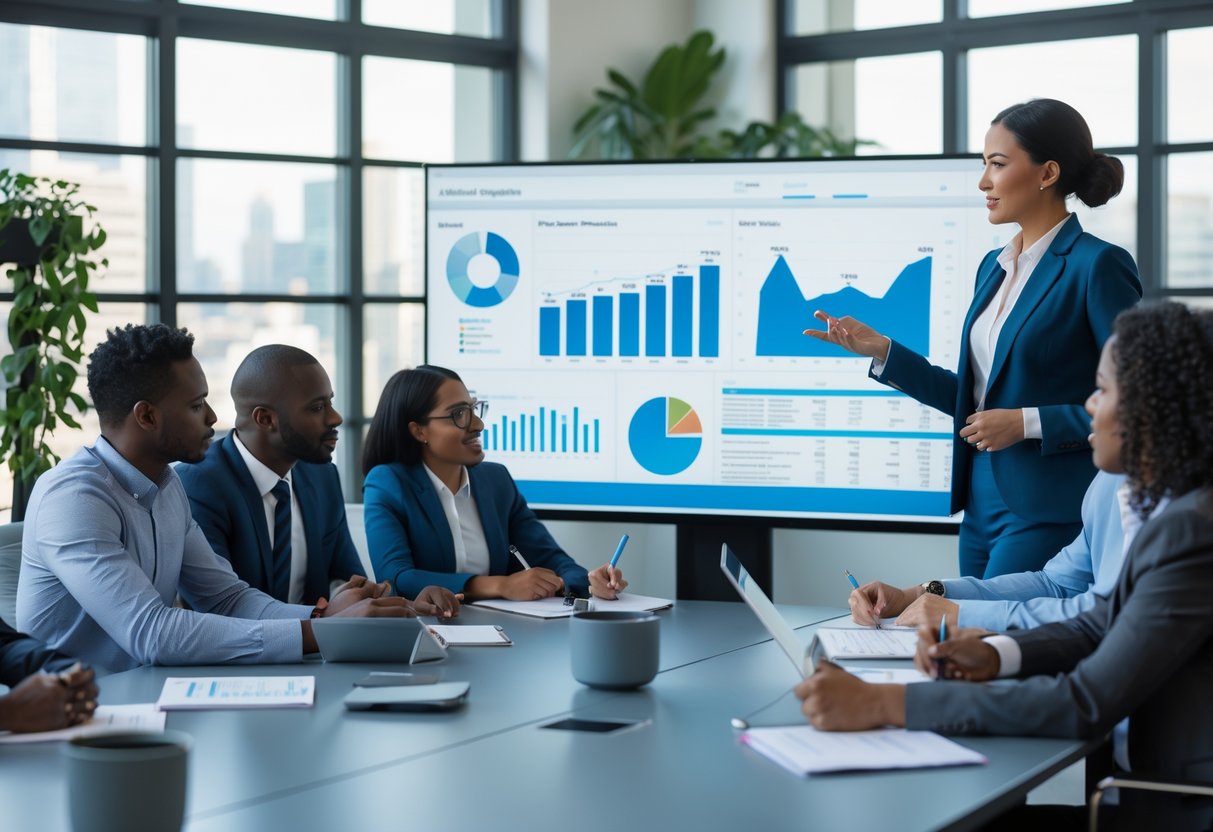 A group of business professionals in a meeting room discussing market strategy with charts displayed on a screen.