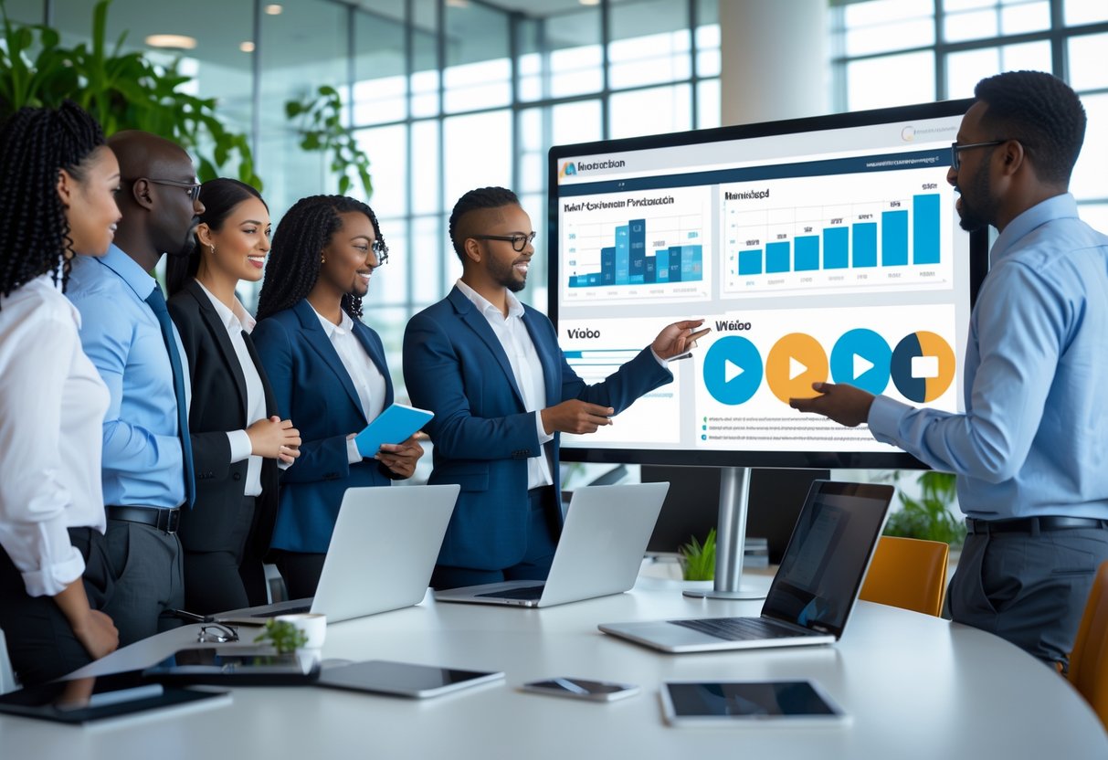 A group of business professionals collaborating around a conference table with digital devices, reviewing video marketing content on a computer screen in a modern office.