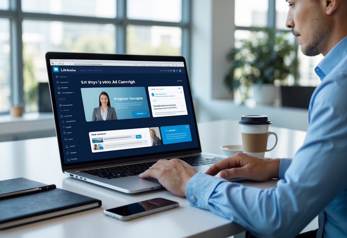 A business professional working on a laptop in a bright office, setting up a video ad campaign on LinkedIn.