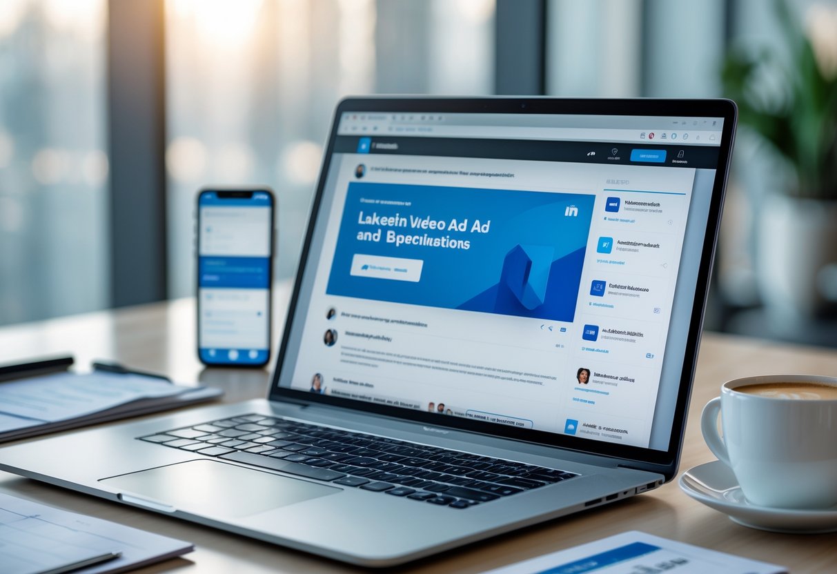A modern workspace with a laptop showing a LinkedIn video ad preview, a smartphone with analytics, and marketing materials on a desk.