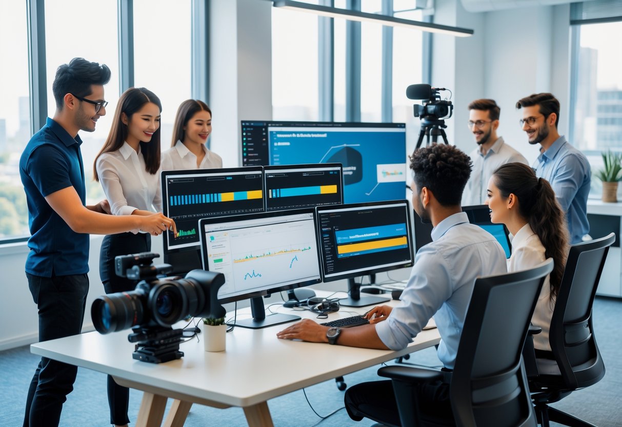 A group of professionals working together in an office with computers displaying video editing and analytics tools.