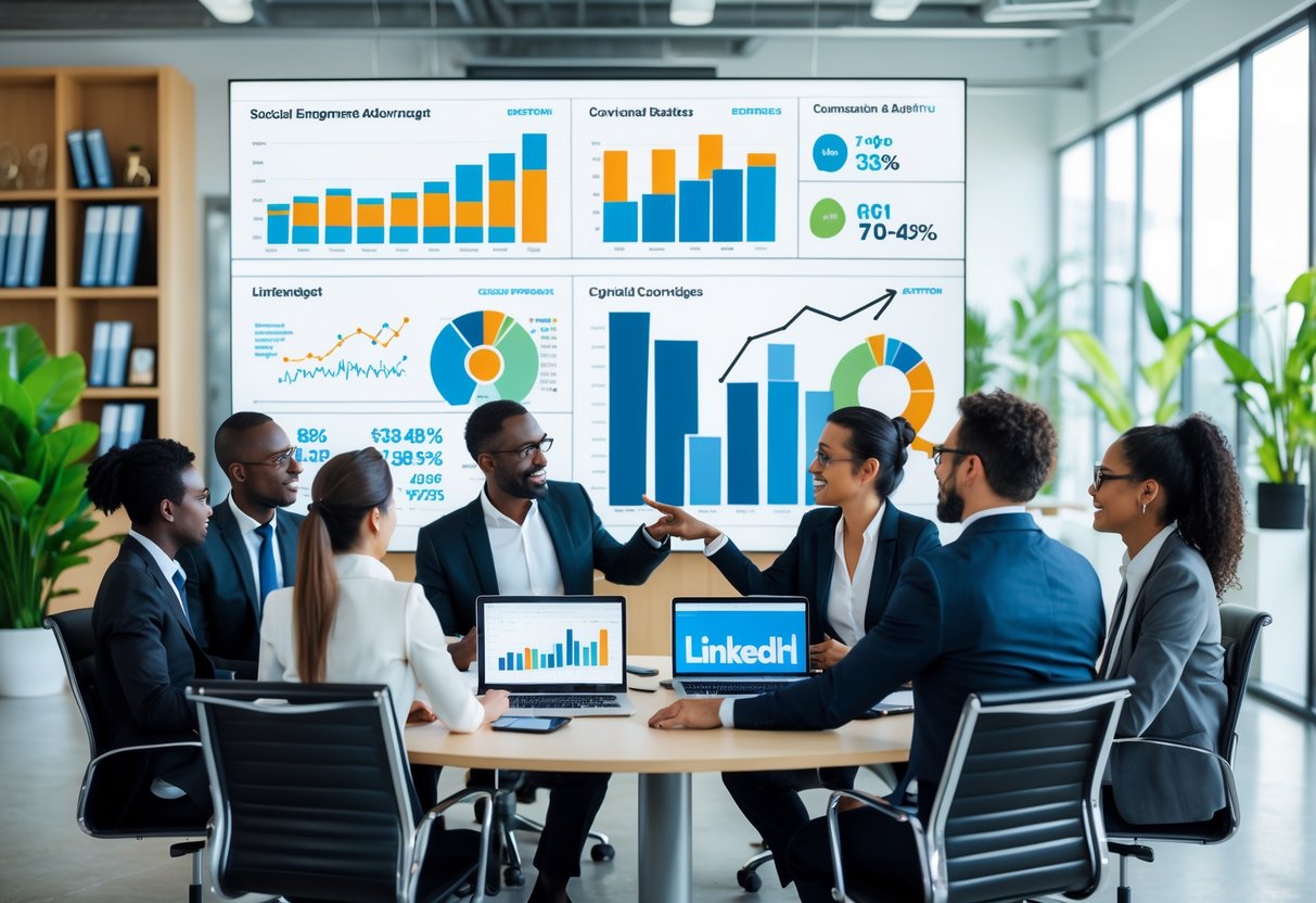A group of business professionals collaborating around a table with laptops and a large screen displaying charts and data in a modern office.