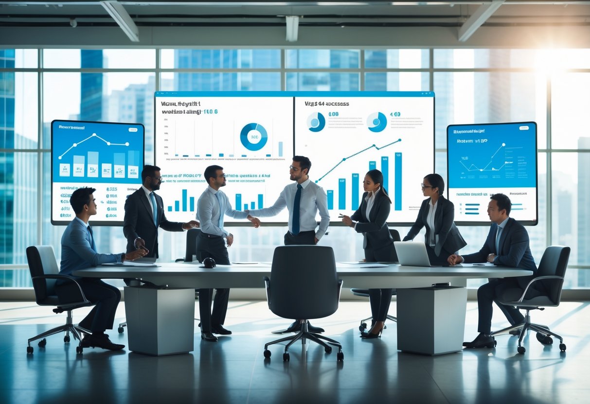 A group of business professionals in a bright office discussing data charts and graphs around a conference table.