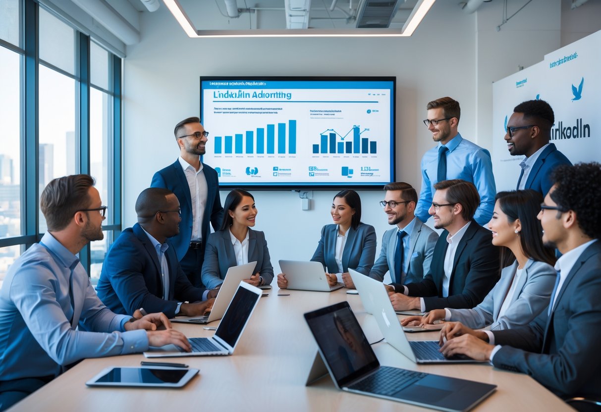 A group of business professionals in a modern office watching a video presentation about digital marketing around a conference table.